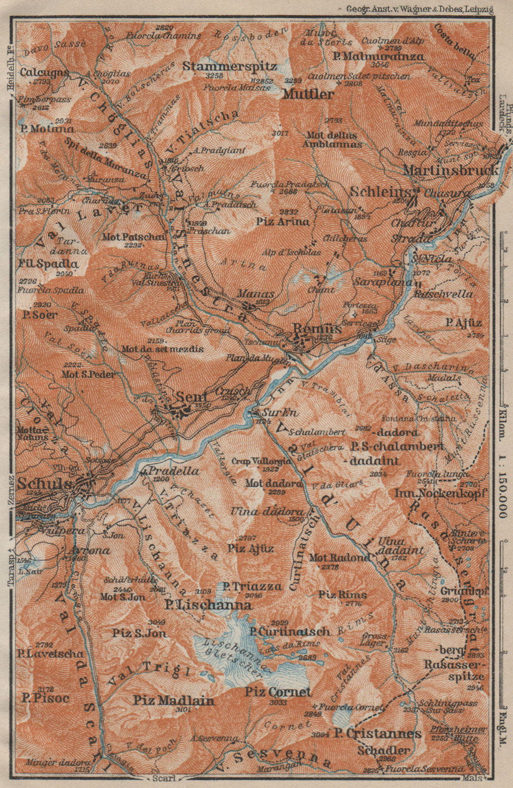 LOWER ENGADINE VALLEY. Scuol-Martinsbruck/Martina Schleins Remiis 1920 old map